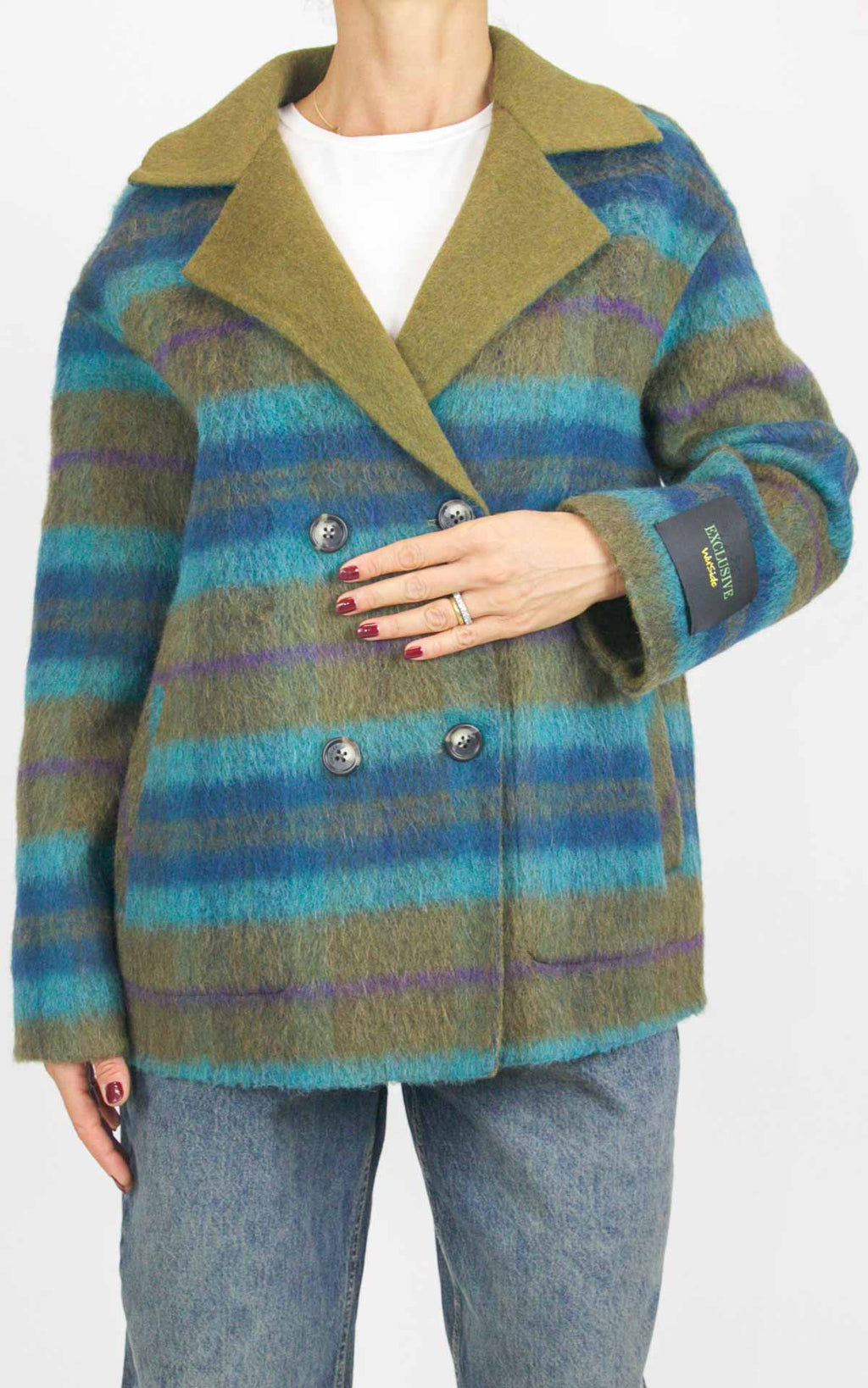 Wu'Side - Giacca corta  check double in lana - Oliva / turchese