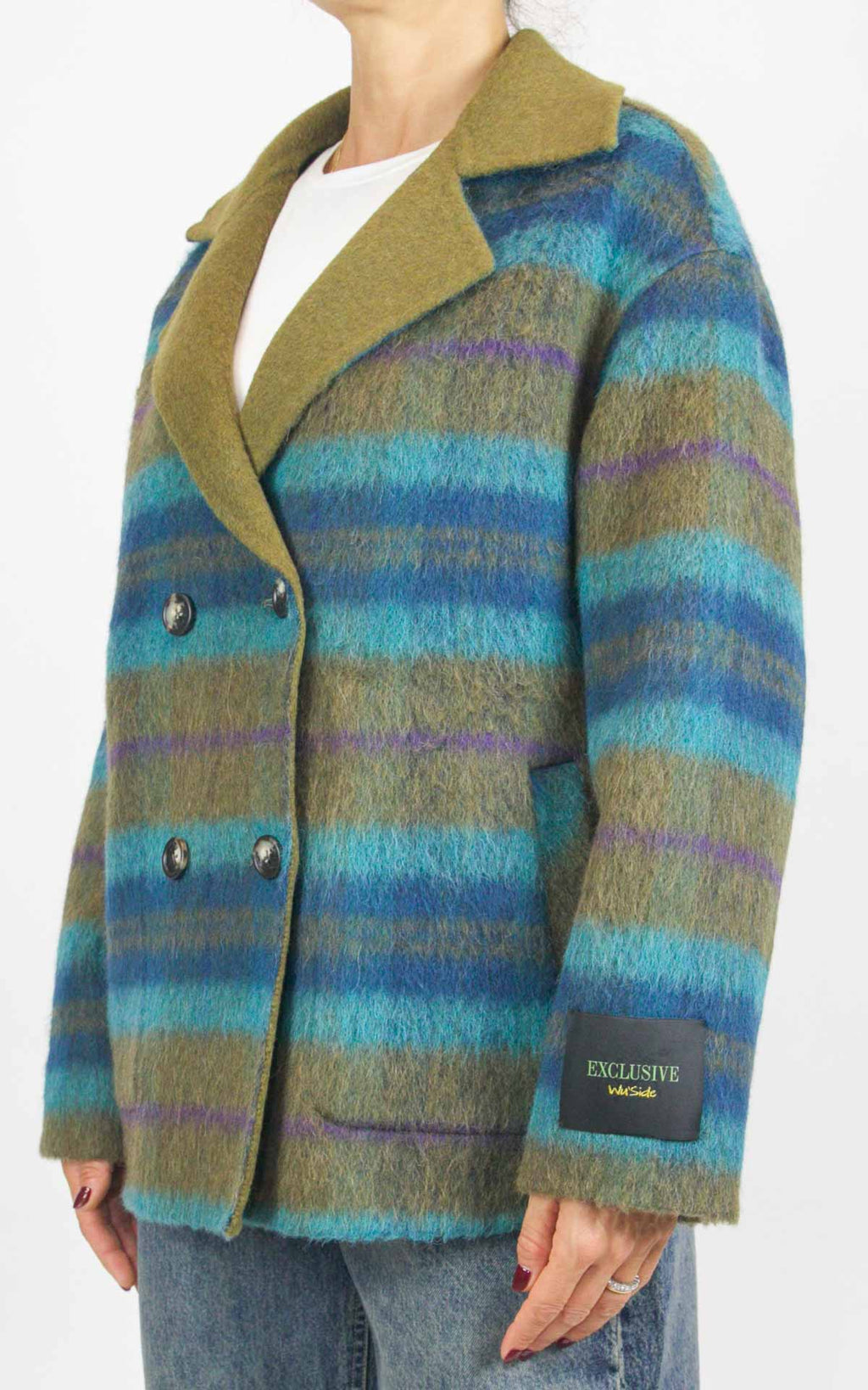 Wu'Side - Giacca corta  check double in lana - Oliva / turchese