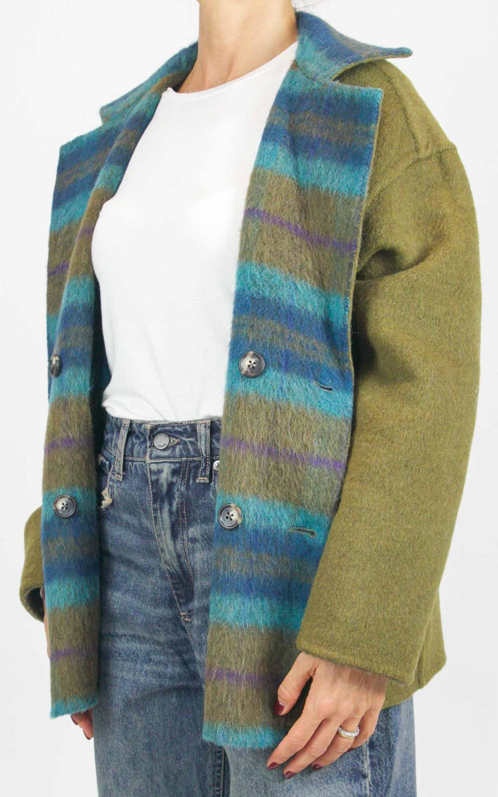 Wu'Side - Giacca corta  check double in lana - Oliva / turchese