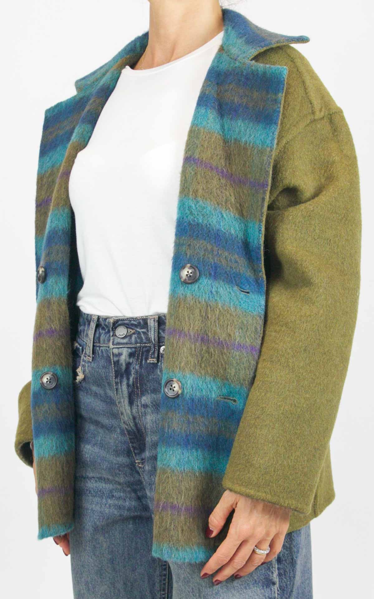 Wu'Side - Giacca corta  check double in lana - Oliva / turchese