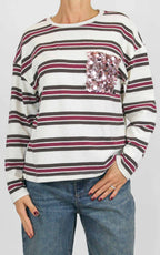Susymix - Maglia riga con tasca paillettes - Burro