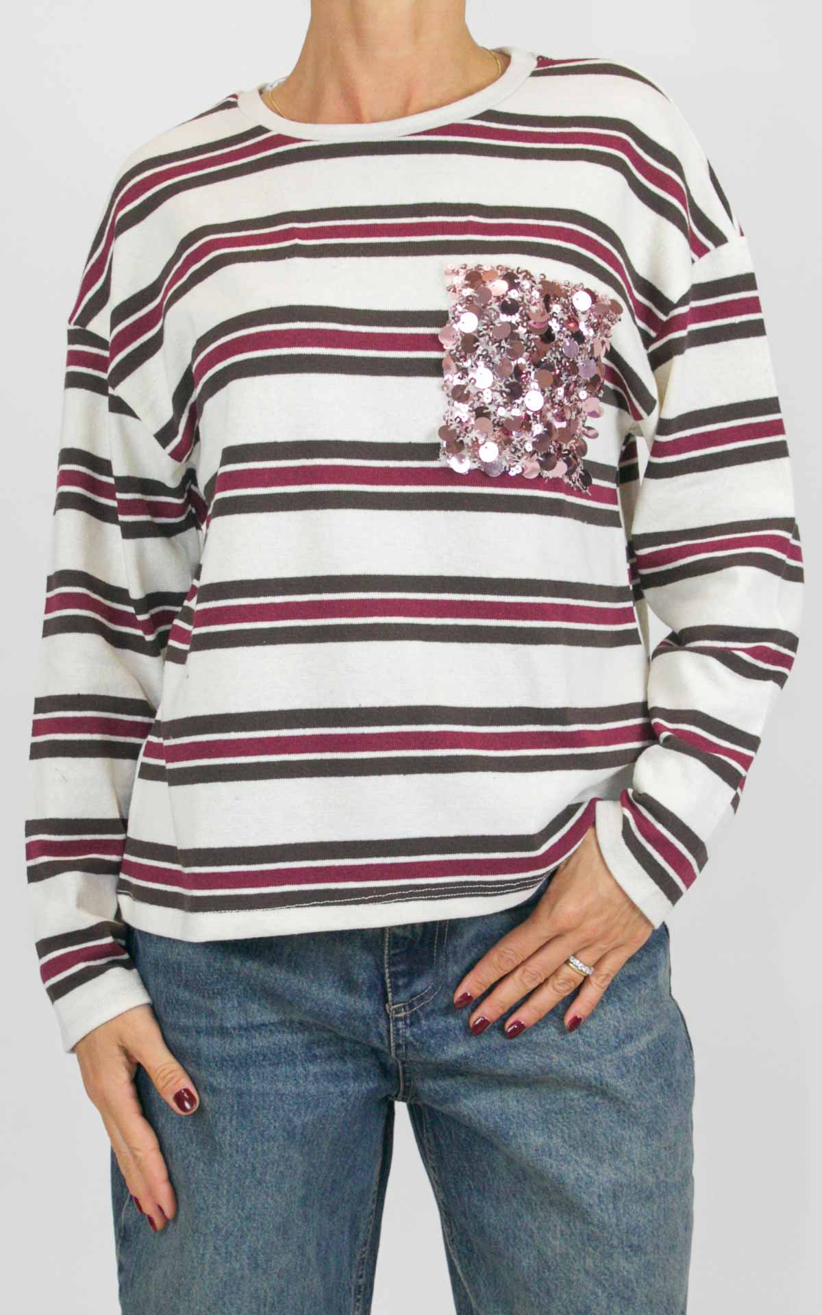 Susymix - Maglia riga con tasca paillettes - Burro