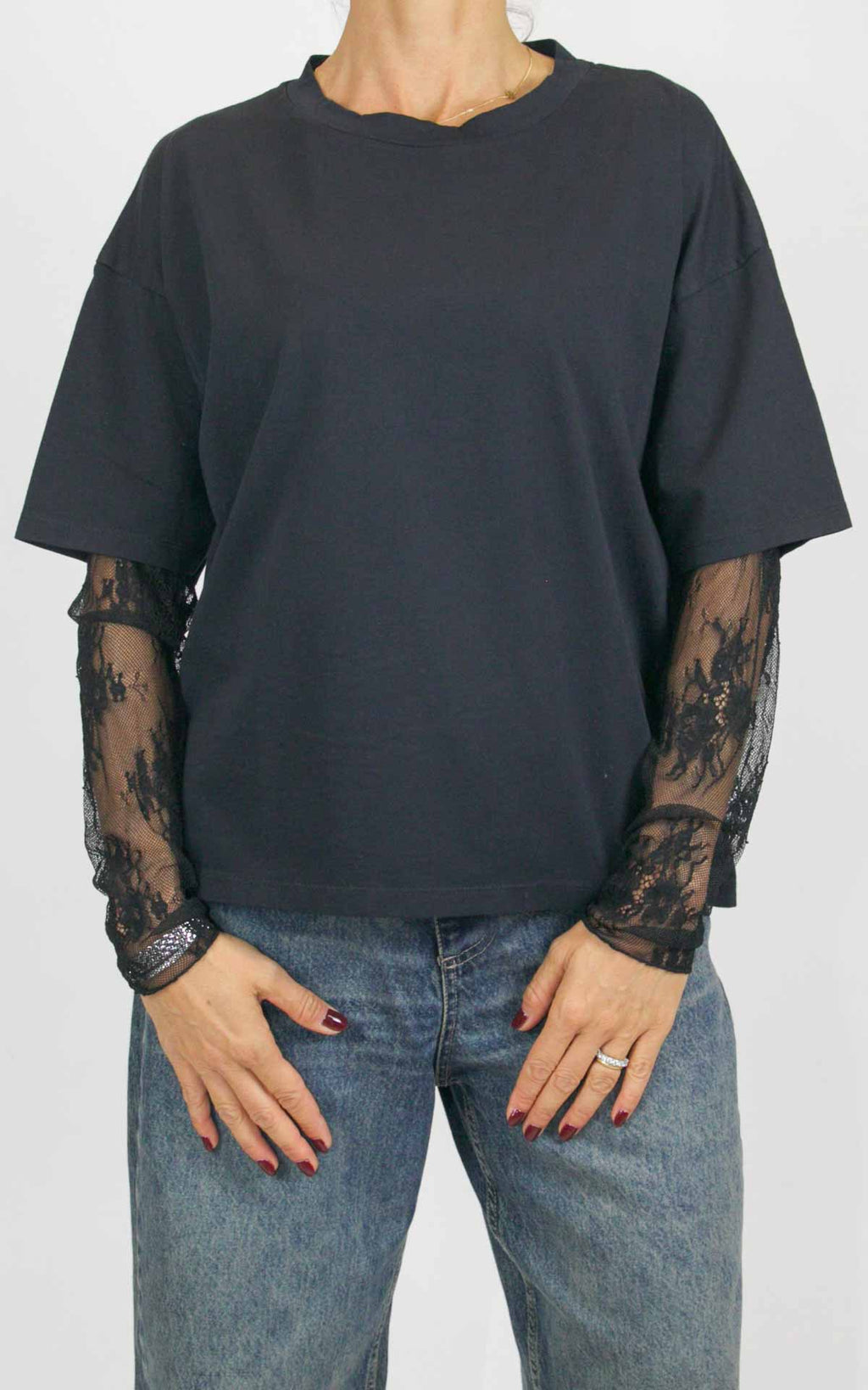 Susymix - Maglia con maniche pizzo - Nero