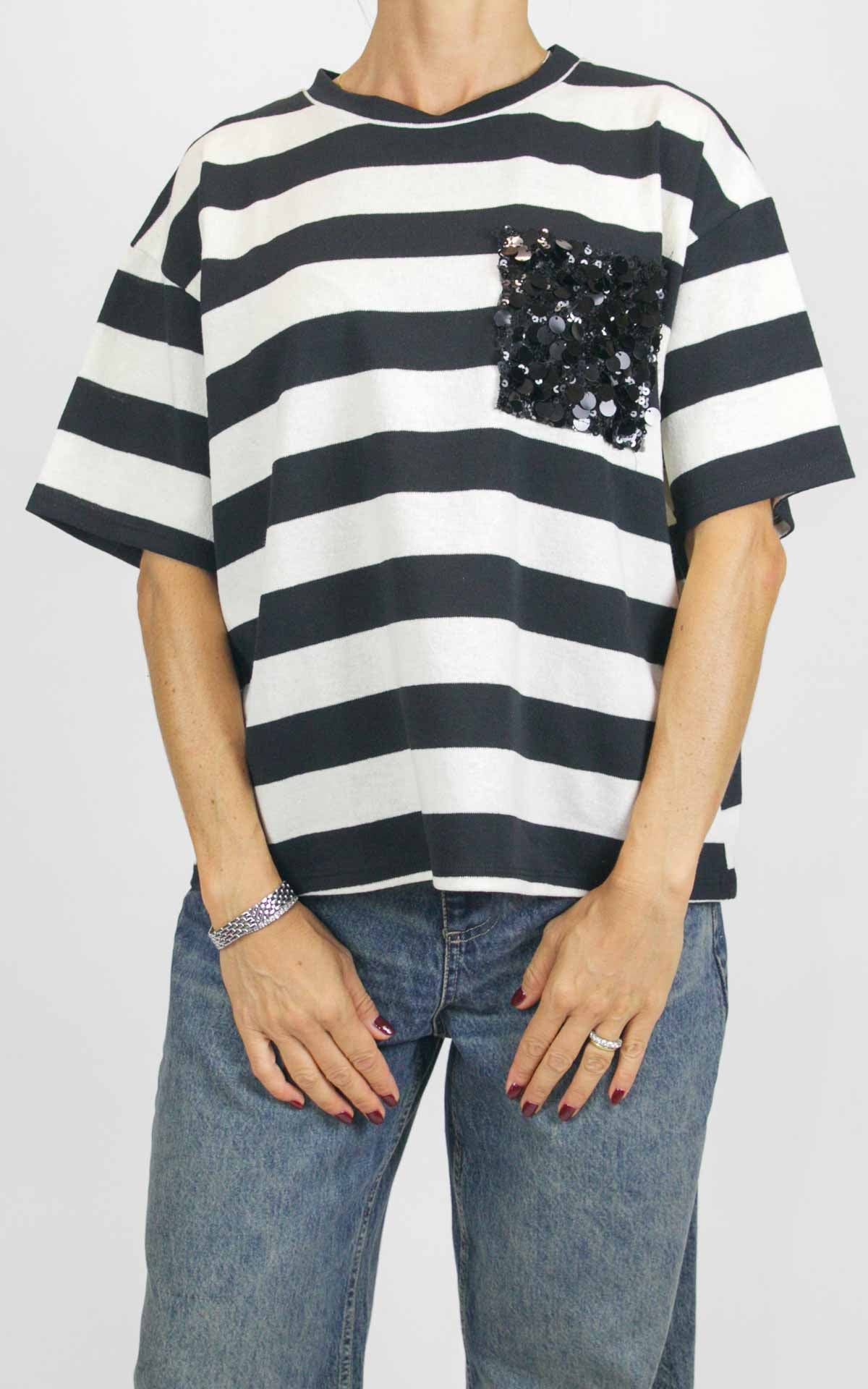 Susymix - Maglia mezza manica riga e tasca paillettes - Nero / bianco