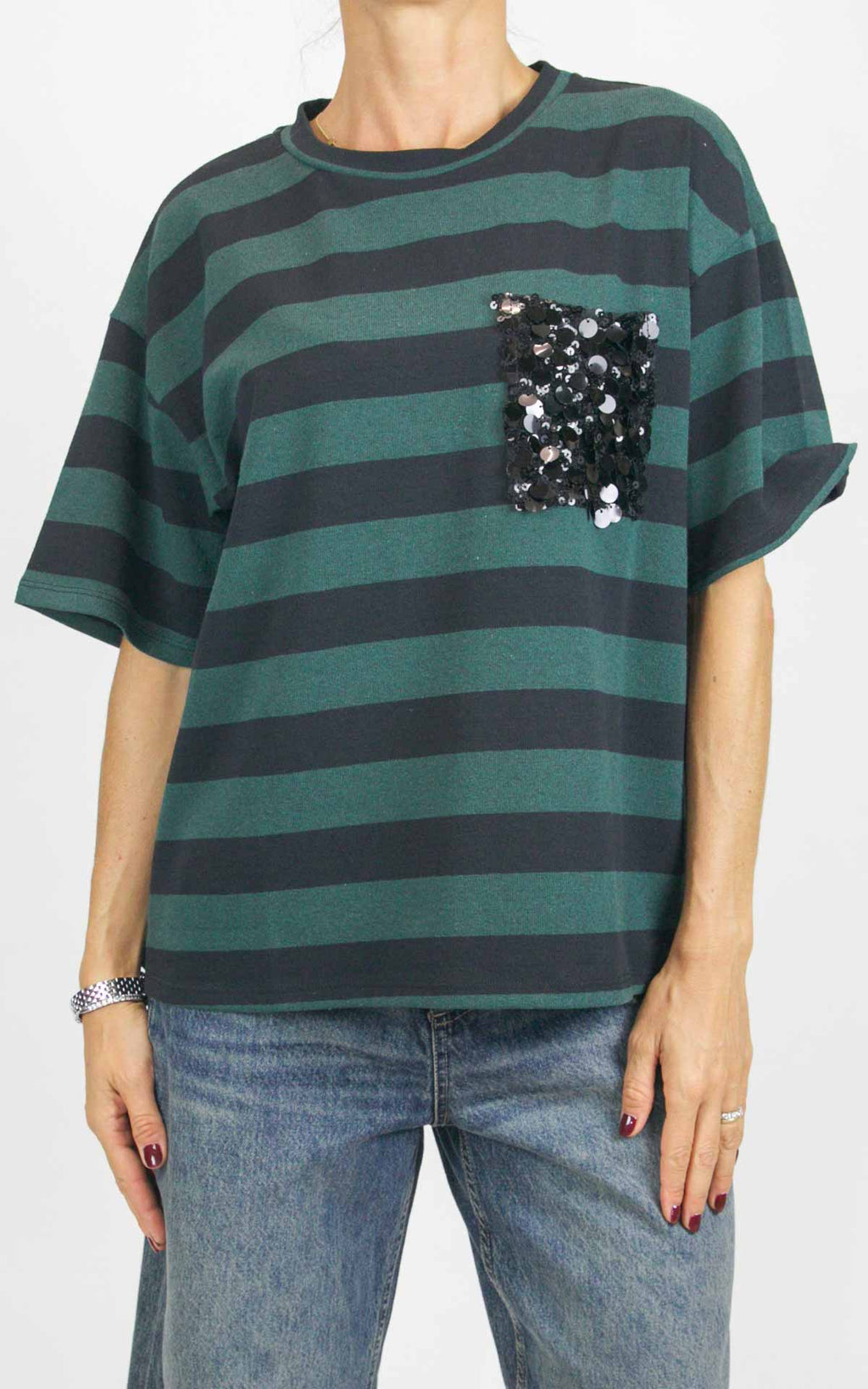 Susymix - Maglia mezza manica riga e tasca paillettes - Nero / verde