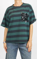 Susymix - Maglia mezza manica riga e tasca paillettes - Nero / verde
