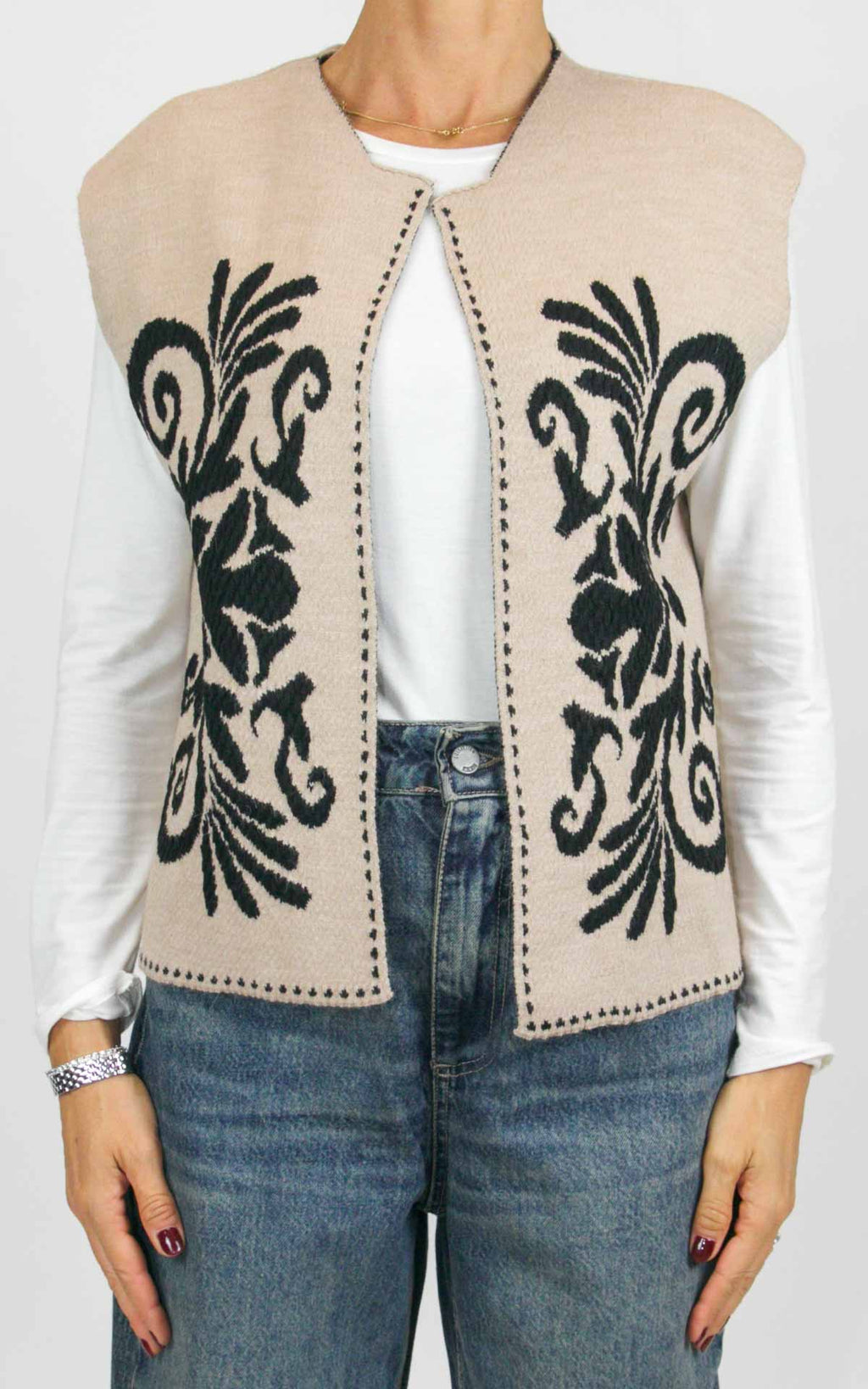 Off-on - Gilet aperto con disegno fiore - Beige / nero