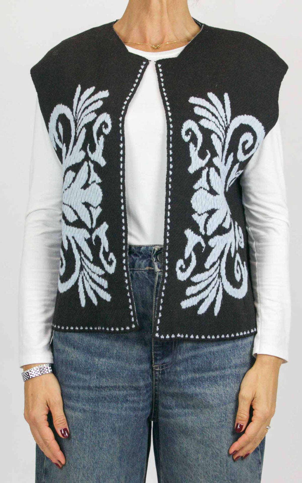 Off-on - Gilet aperto con disegno fiore - Moro / celeste