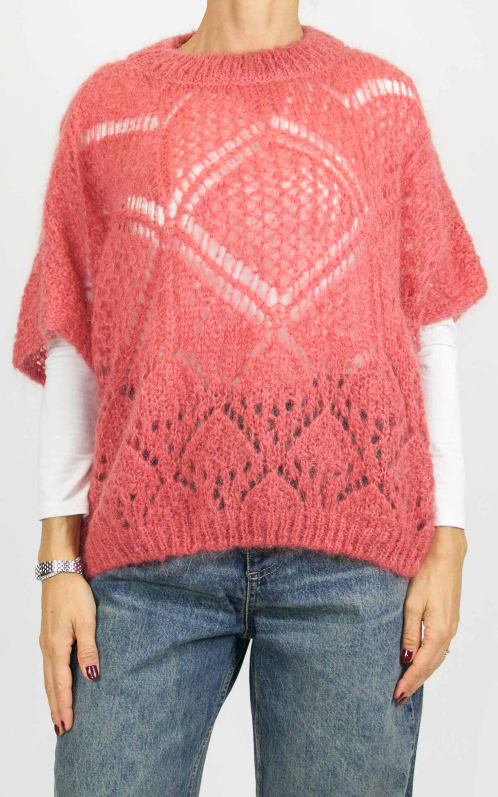 Off-On - Maglia traforata mezza manica - Rosa corallo