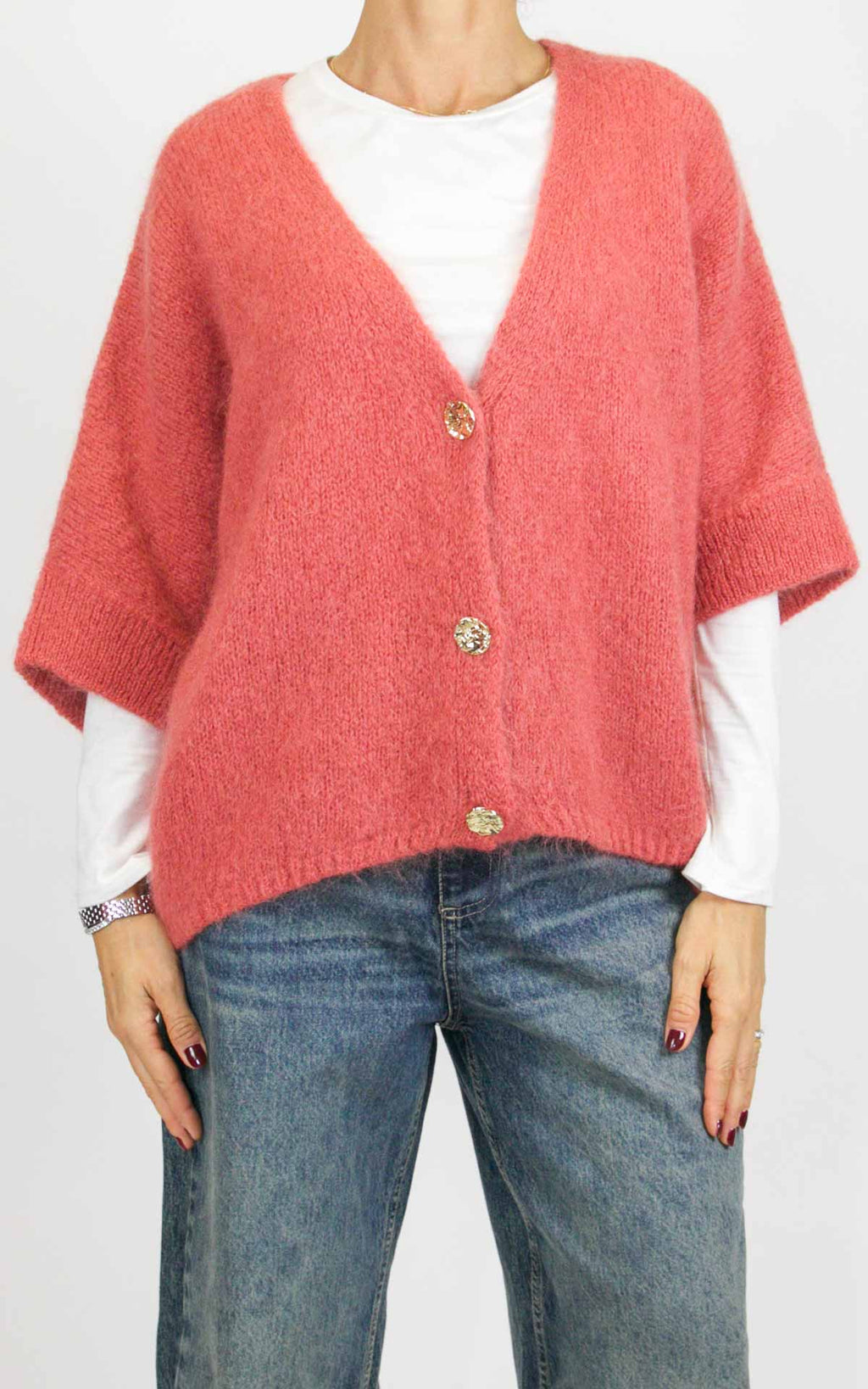 Off-On - Cardigan bottone oro - Rosa corallo