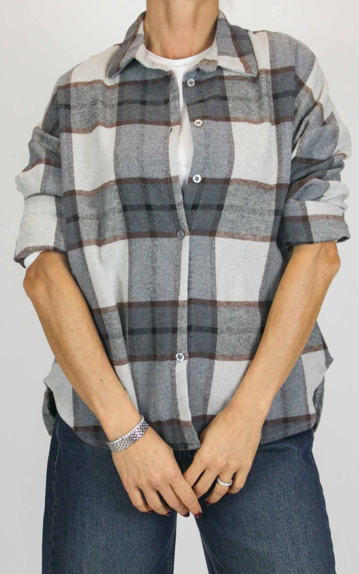 Off-On - Camicia flanella check - Grigio / panna