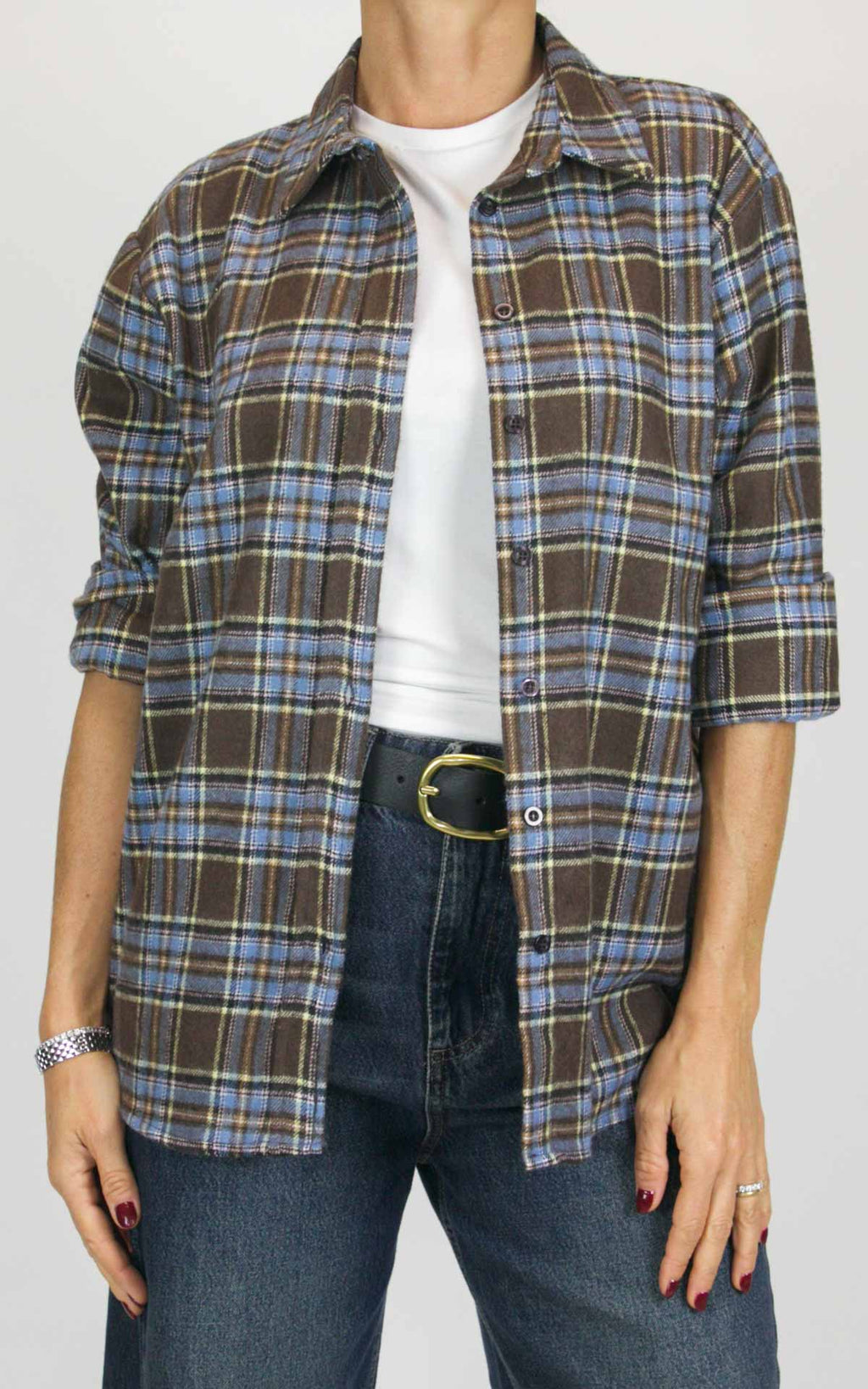Off-On - Camicia flanella check - Celeste / moro