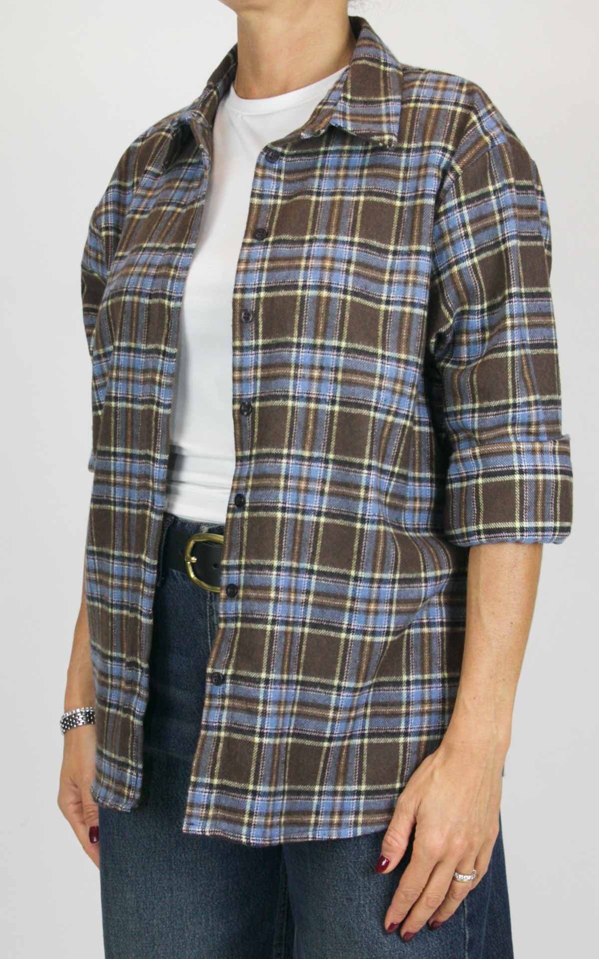 Off-On - Camicia flanella check - Celeste / moro