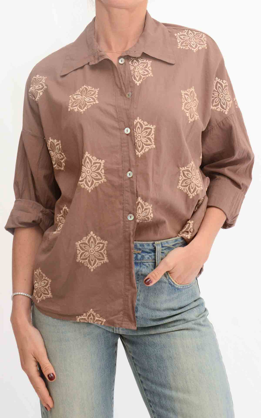OFF-ON - Camicia con ricami - Cioccolato