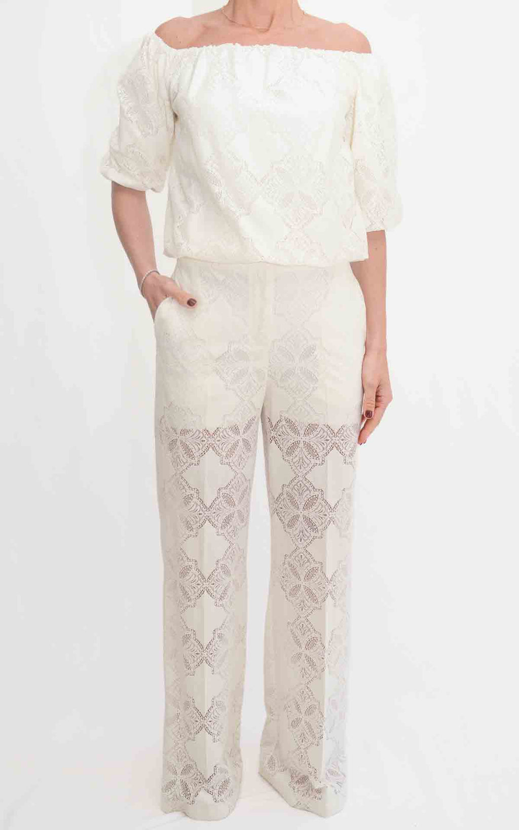 Susymix - Completo blusa e pantalone in pizzo - Panna
