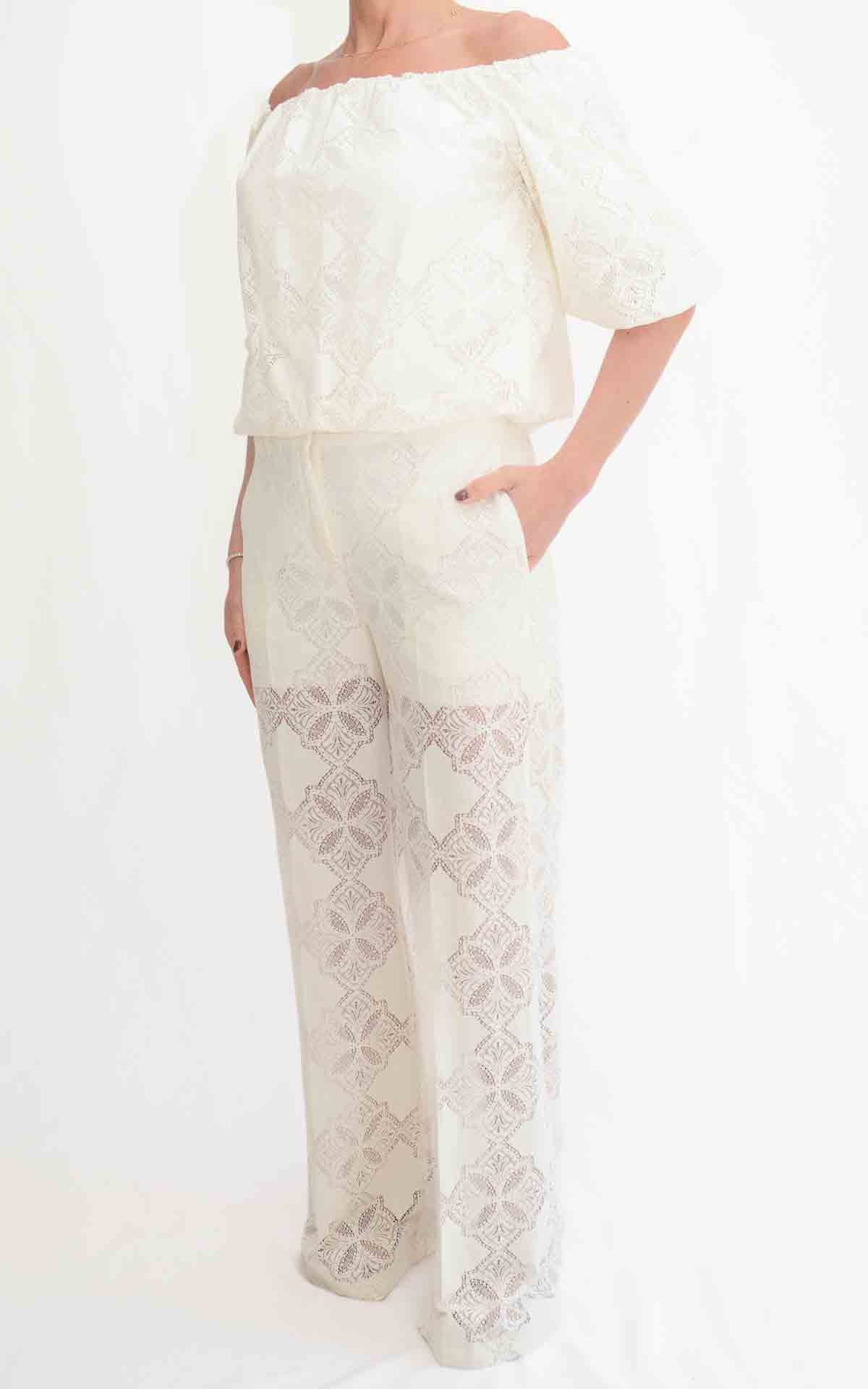 Susymix - Completo blusa e pantalone in pizzo - Panna