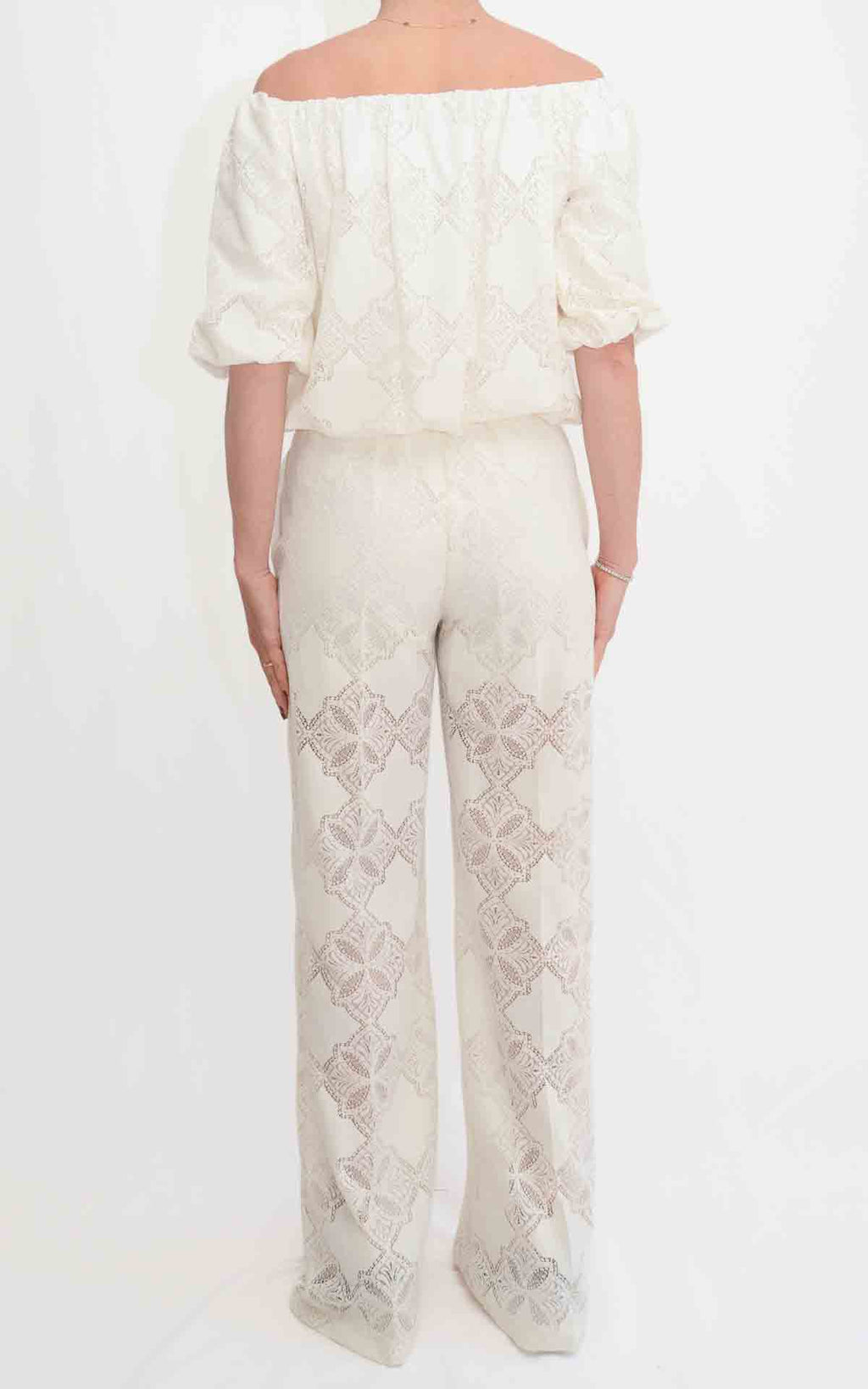 Susymix - Completo blusa e pantalone in pizzo - Panna