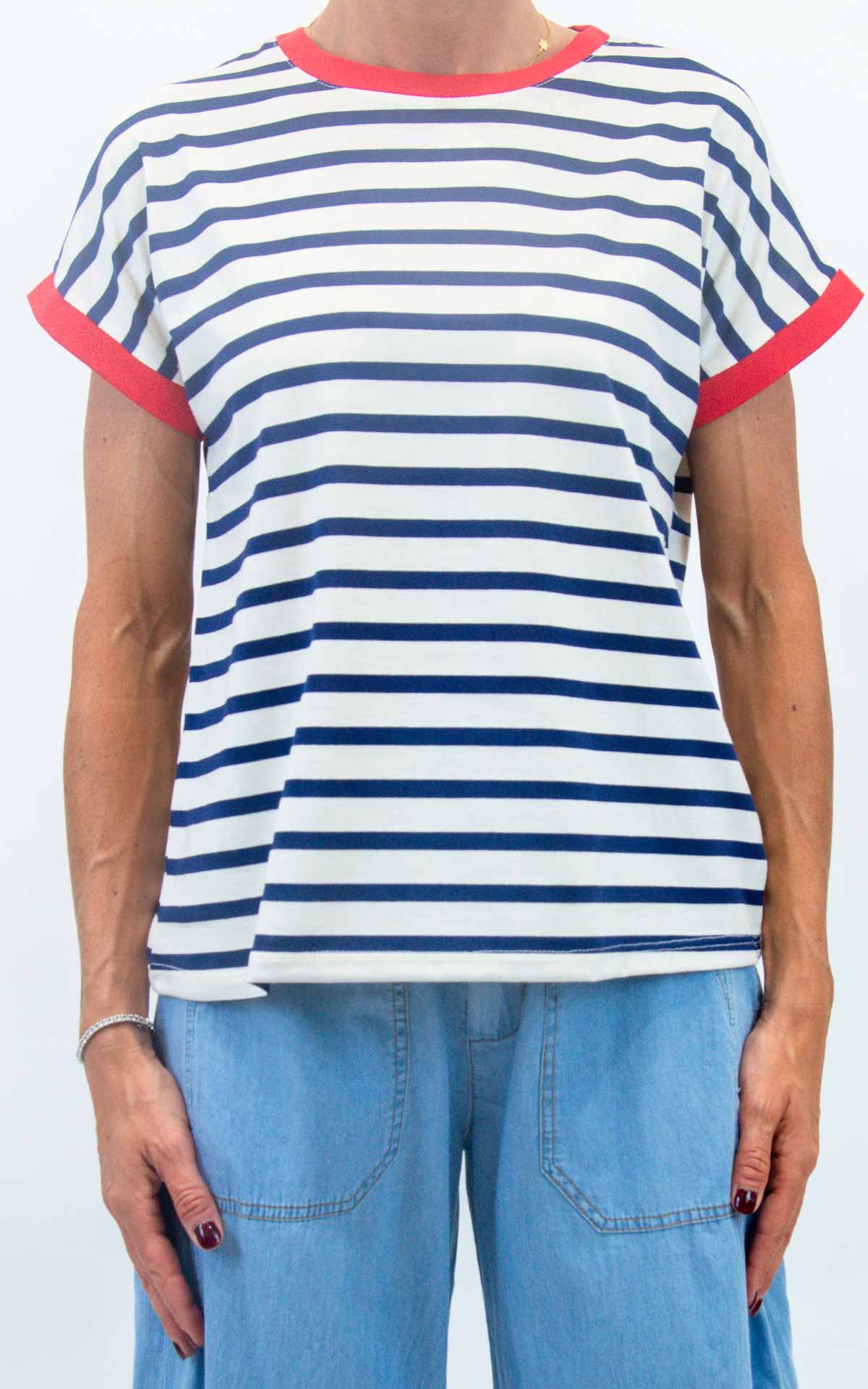 Susymix - T-shirt righe girocollo bordo colorato - Blu