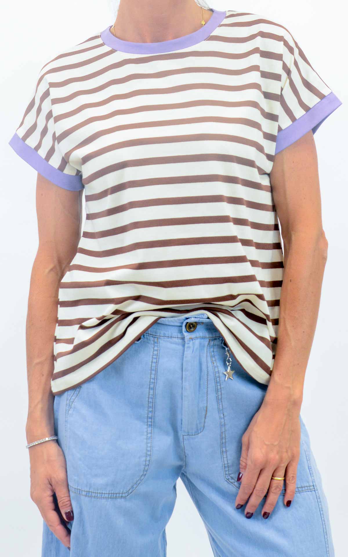 Susymix - T-shirt righe girocollo bordo colorato - Tabacco