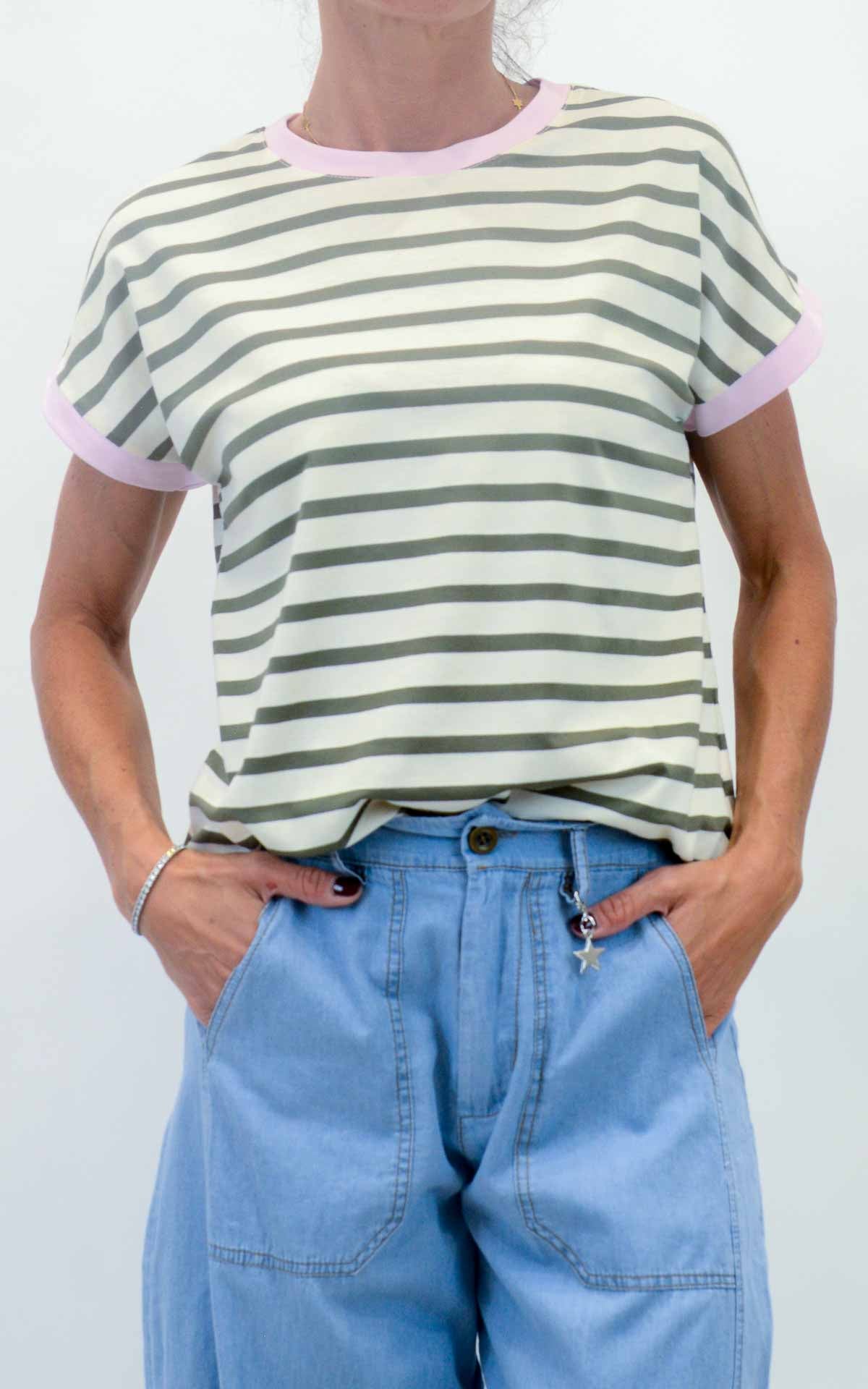 Susymix - T-shirt righe girocollo bordo colorato - Verde militare