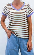 Susymix - T-shirt righe scollo V bordo colorato - Tabacco