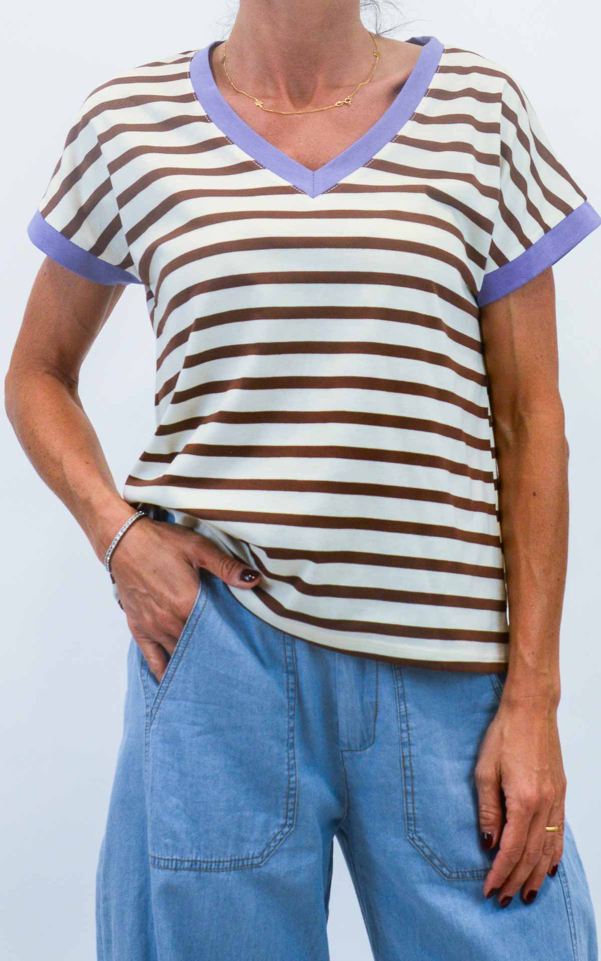 Susymix - T-shirt righe scollo V bordo colorato - Tabacco
