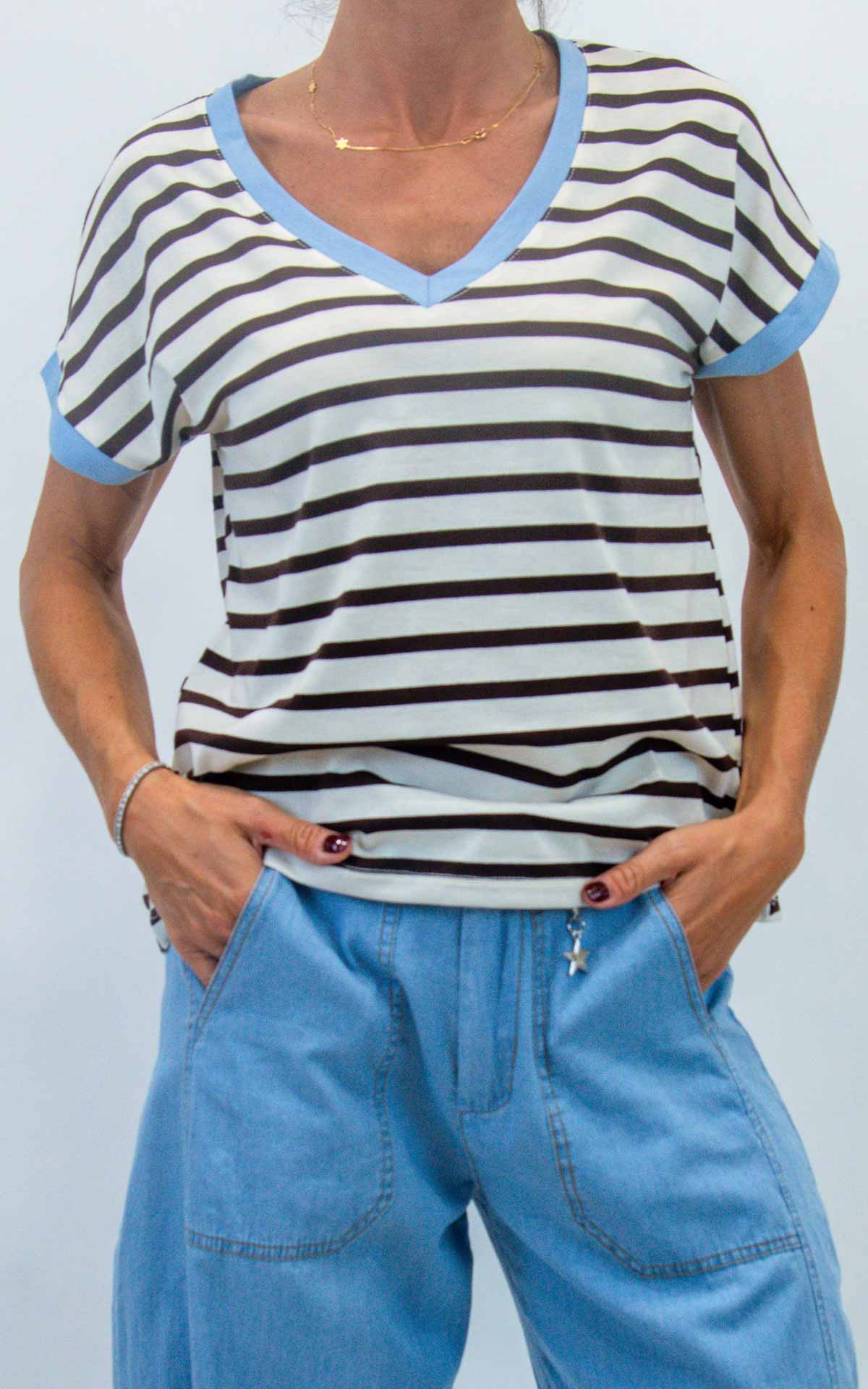 Susymix - T-shirt righe scollo V bordo colorato - Moro