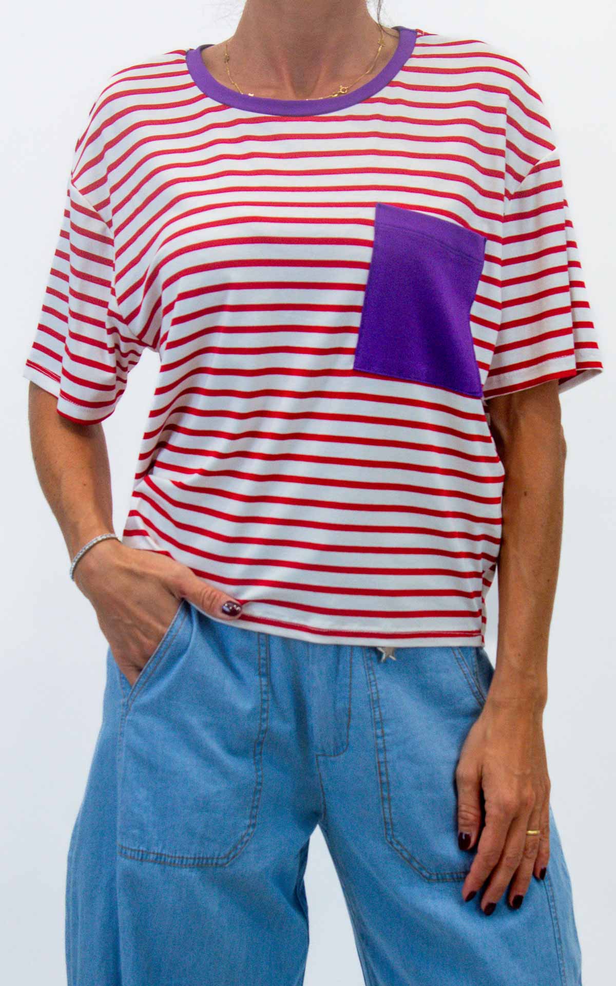Susymix - T-shirt righe con taschino colorato - Rosso