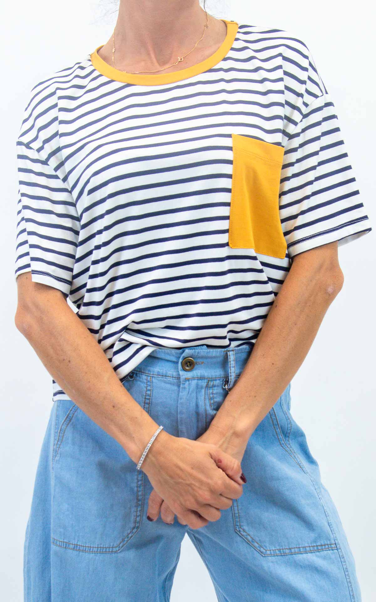 Susymix - T-shirt righe con taschino colorato - Blu
