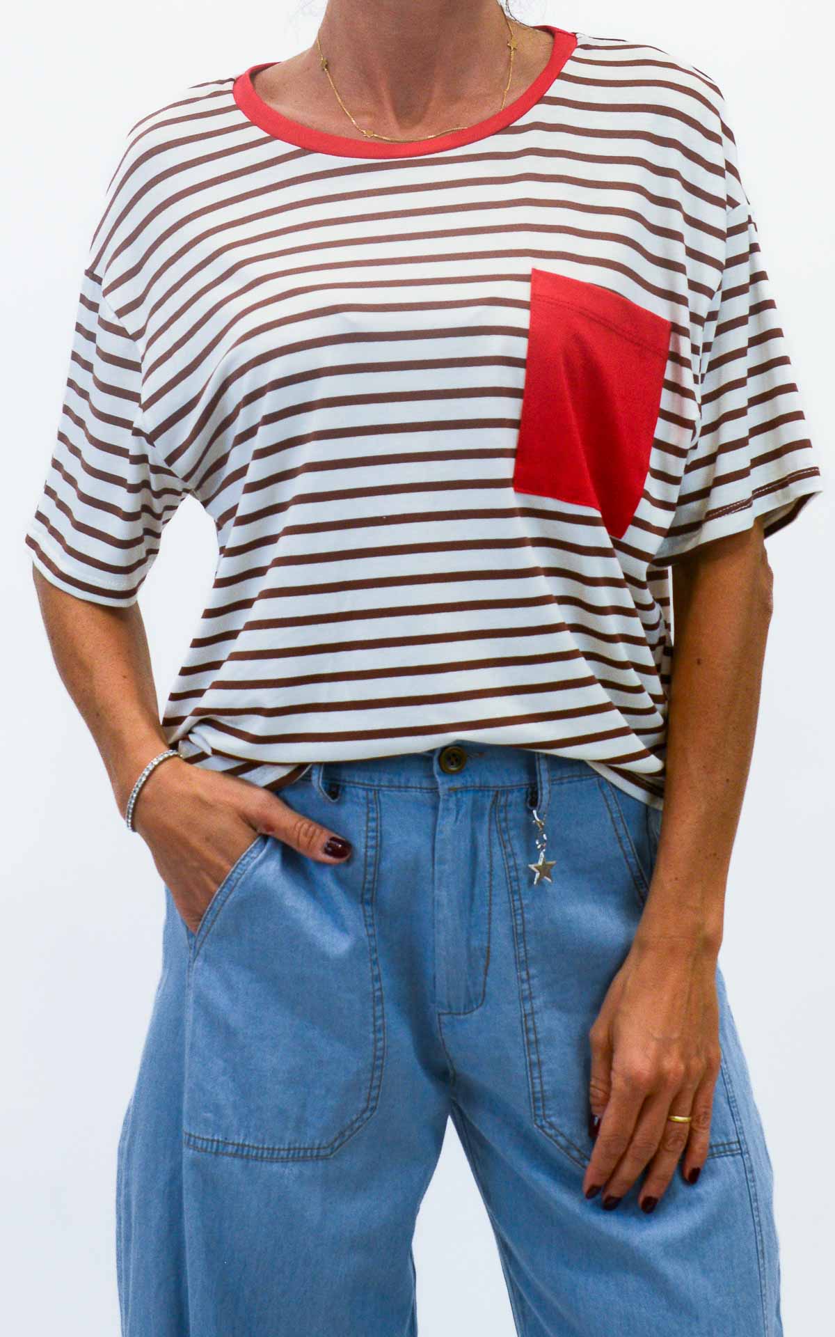 Susymix - T-shirt righe con taschino colorato - Tabacco