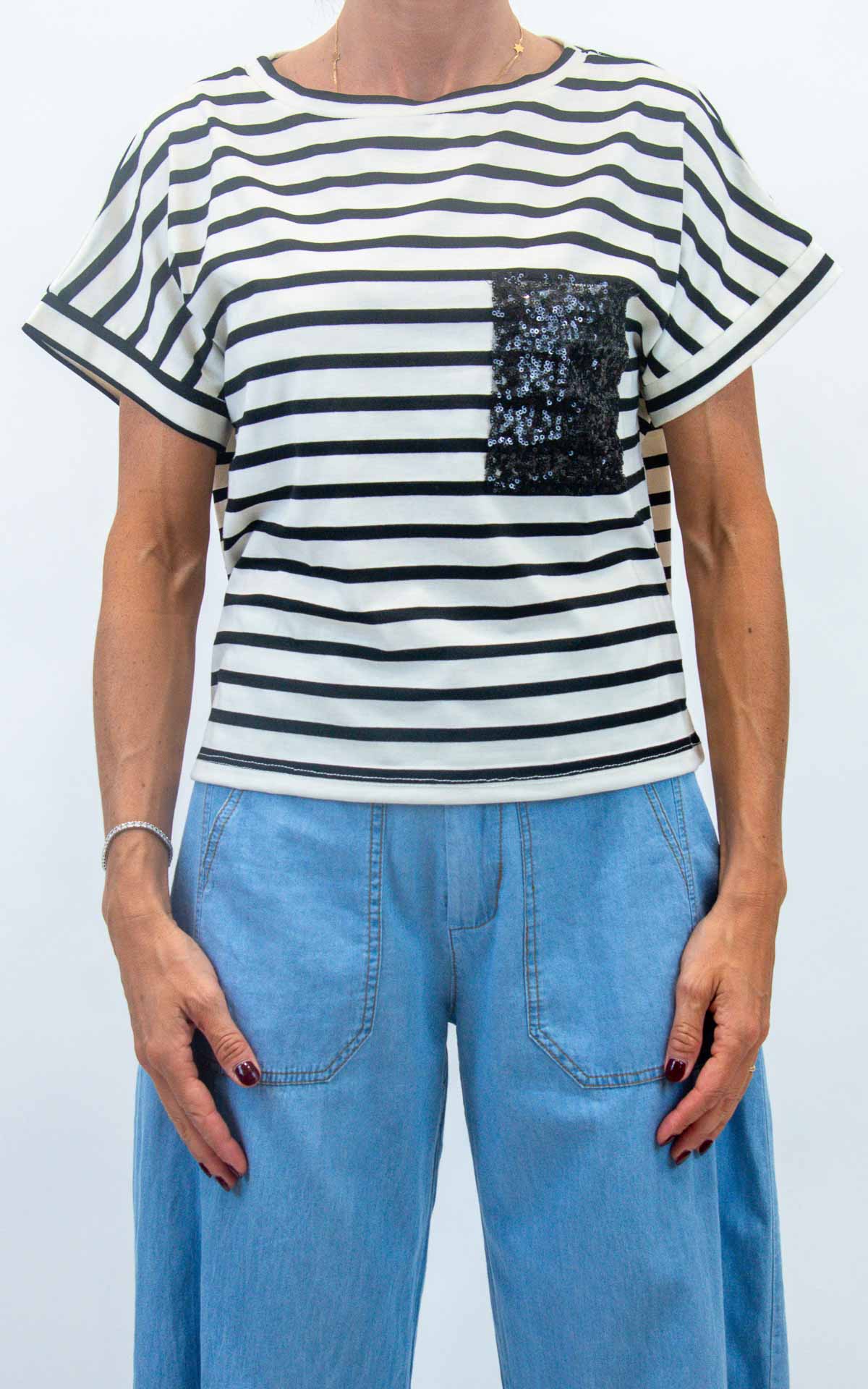Susymix - Maglia a righe con tasca paillettes - Nero