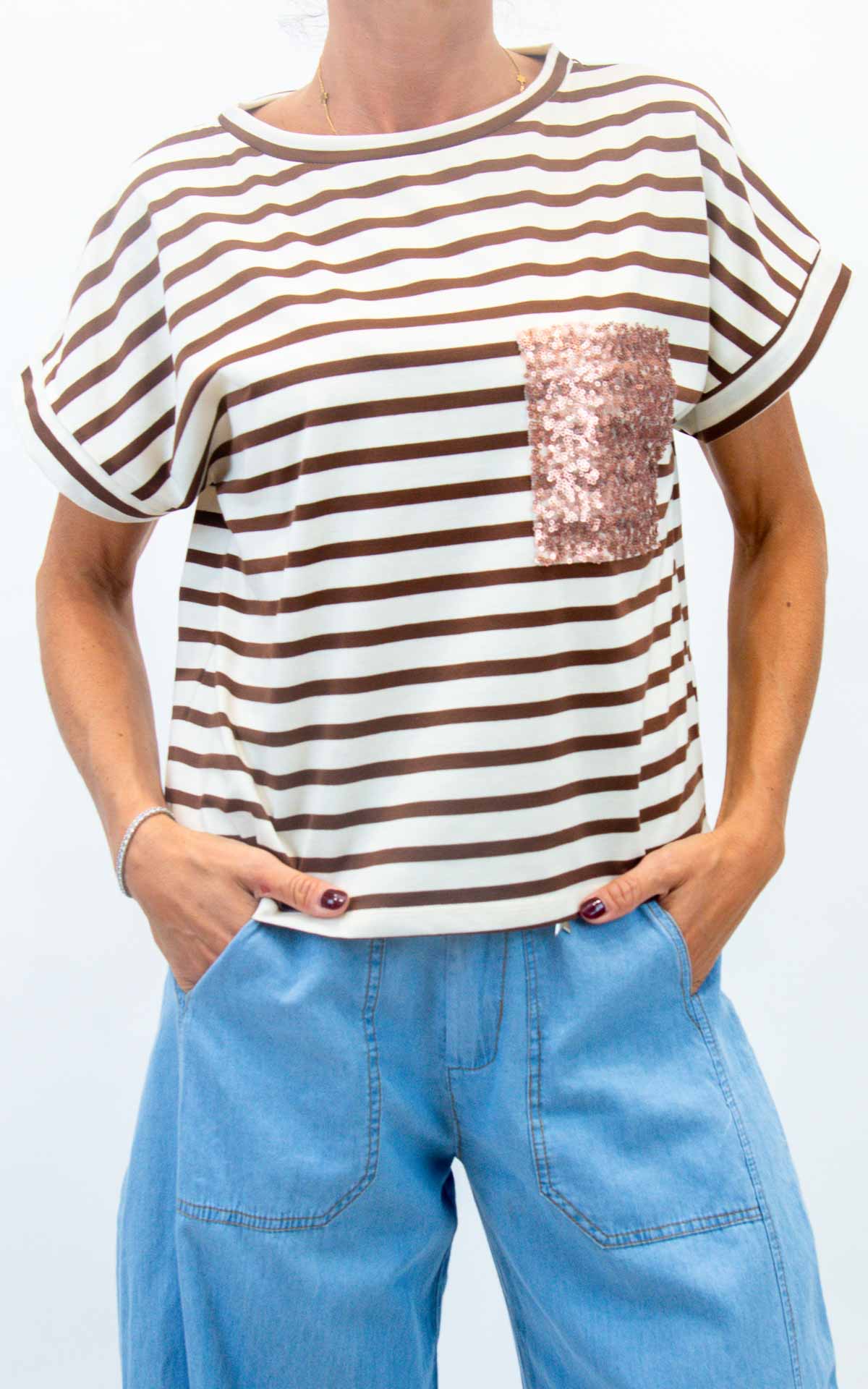 Susymix - Maglia a righe con tasca paillettes - Tabacco