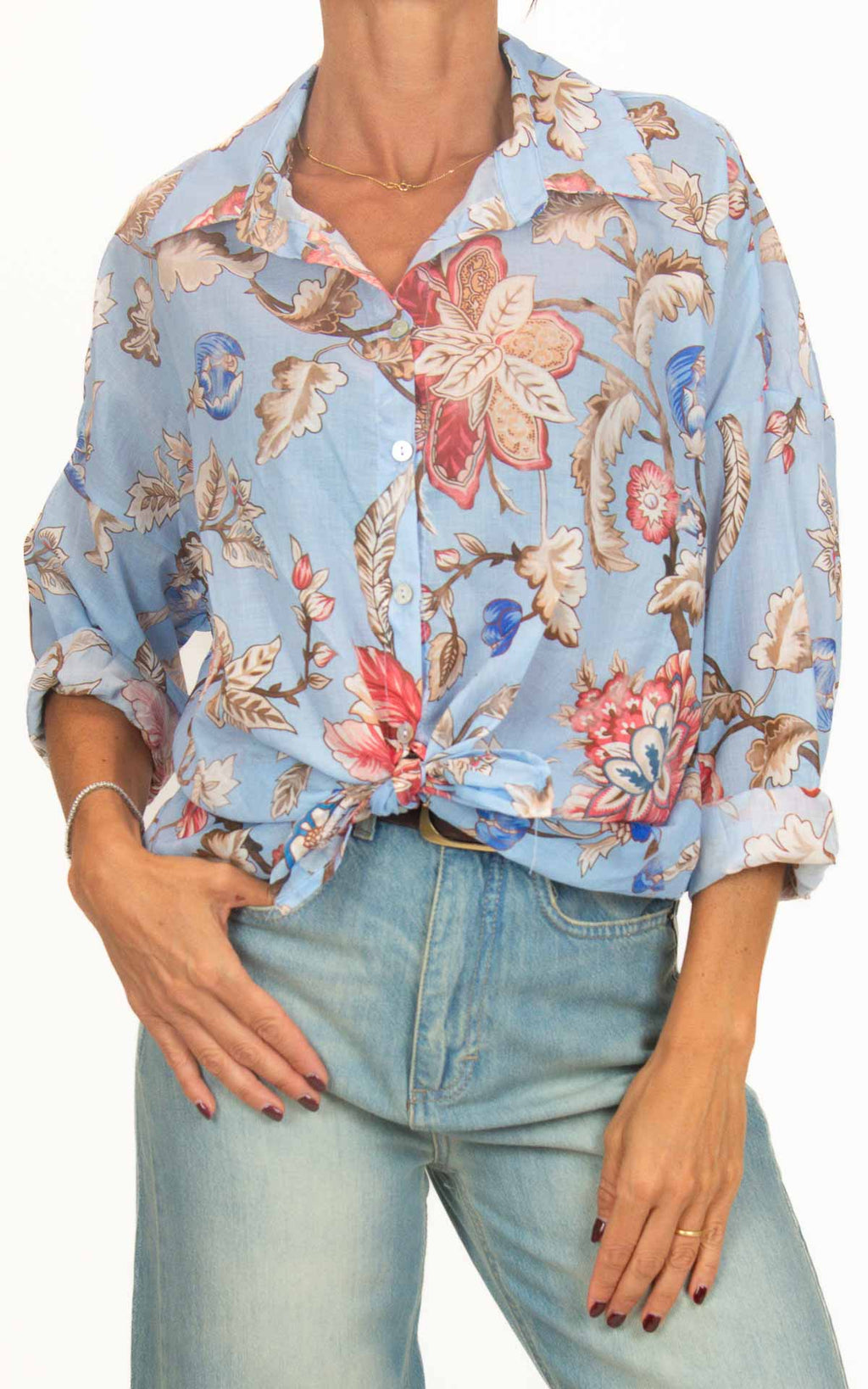 OFF-ON - Camicia fantasia in mussola di cotone - Azzurro