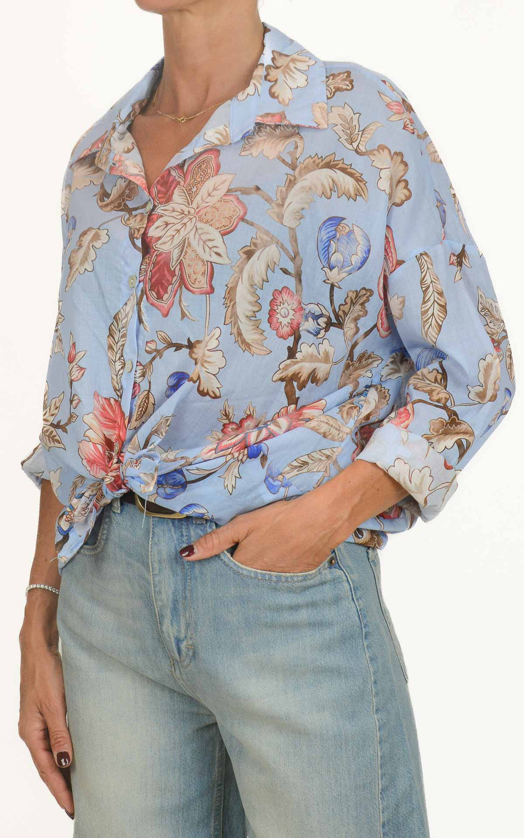 OFF-ON - Camicia fantasia in mussola di cotone - Azzurro