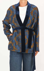Wu'Side - Kimono corto damascato bordo velluto - Tabacco / blu