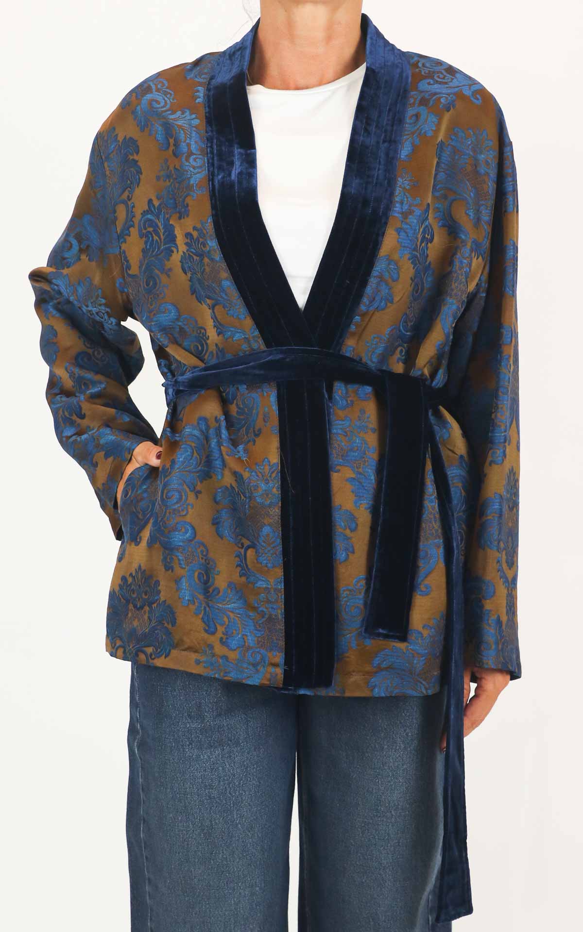 Wu'Side - Kimono corto damascato bordo velluto - Tabacco / blu