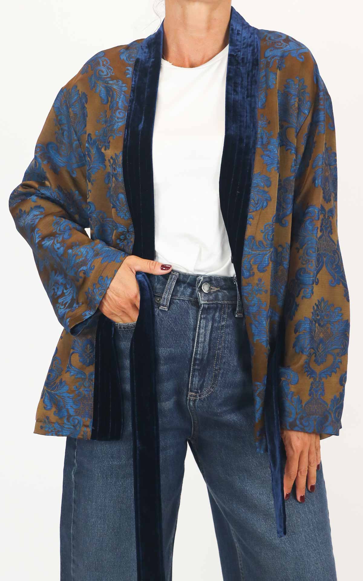 Wu'Side - Kimono corto damascato bordo velluto - Tabacco / blu