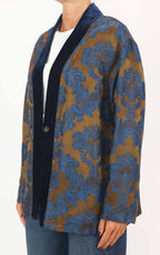 Wu'Side - Kimono corto damascato bordo velluto - Tabacco / blu