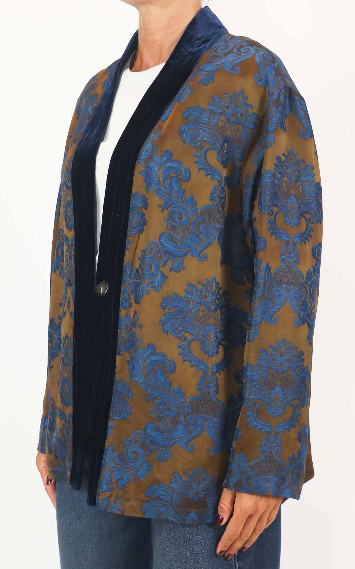 Wu'Side - Kimono corto damascato bordo velluto - Tabacco / blu
