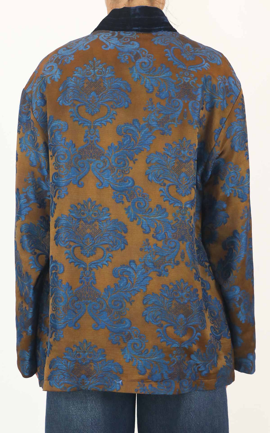Wu'Side - Kimono corto damascato bordo velluto - Tabacco / blu
