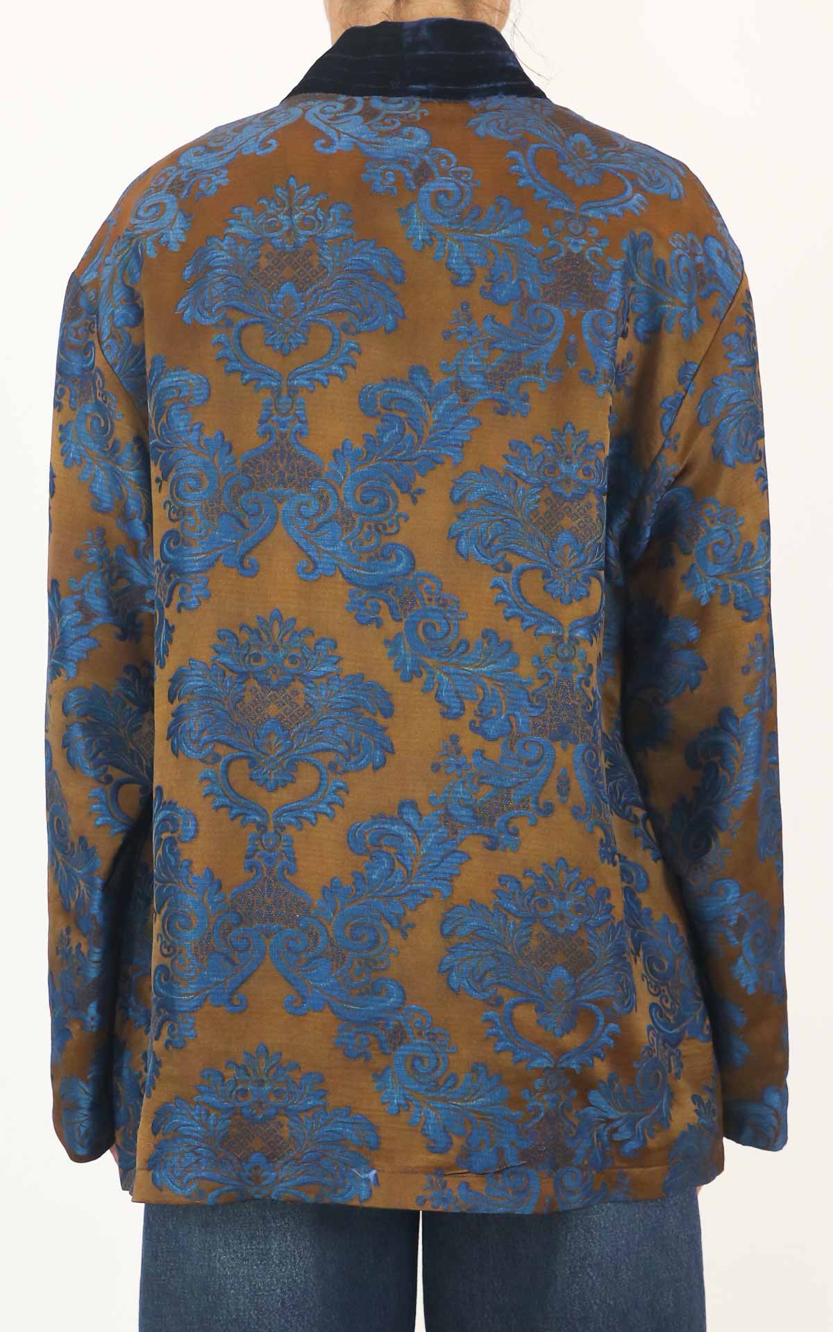 Wu'Side - Kimono corto damascato bordo velluto - Tabacco / blu