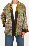 Wu'Side - Kimono corto damascato bordo velluto - Tabacco / verde