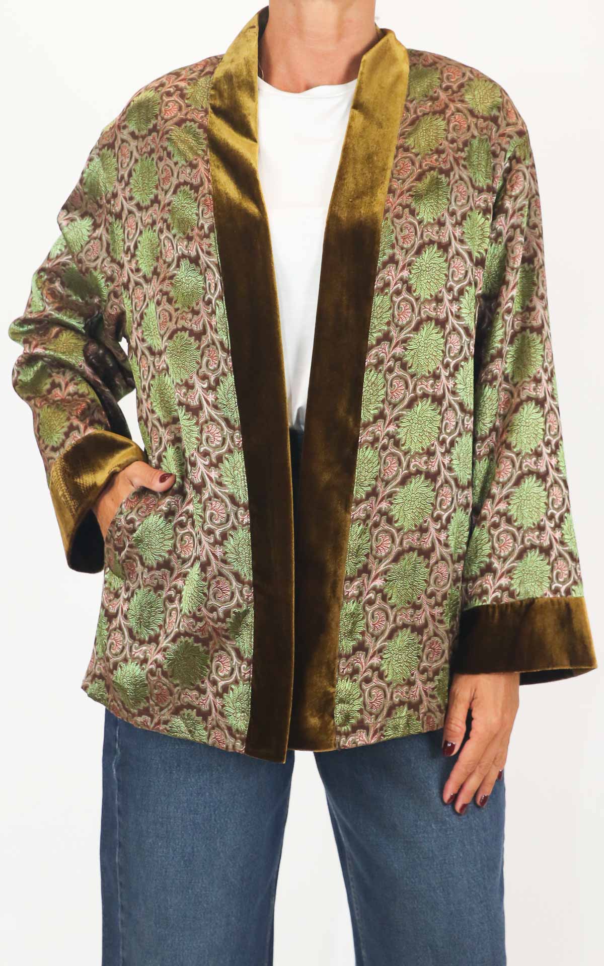 Wu'Side - Kimono corto damascato bordo velluto - Tabacco / verde
