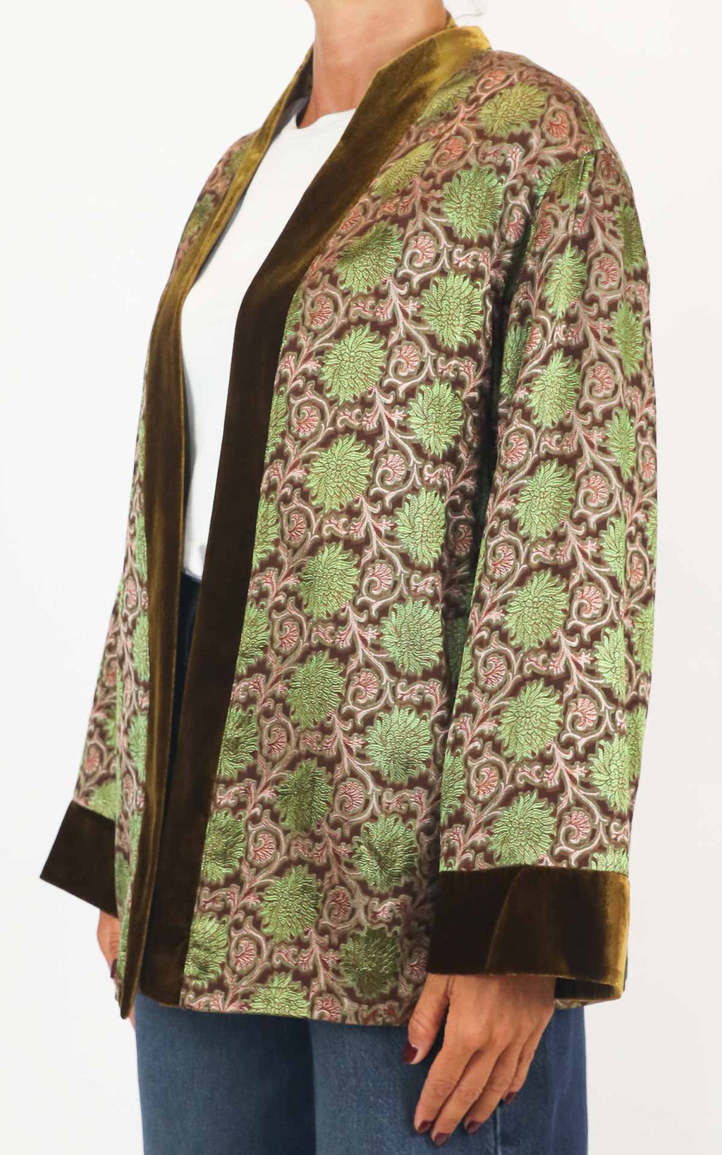 Wu'Side - Kimono corto damascato bordo velluto - Tabacco / verde
