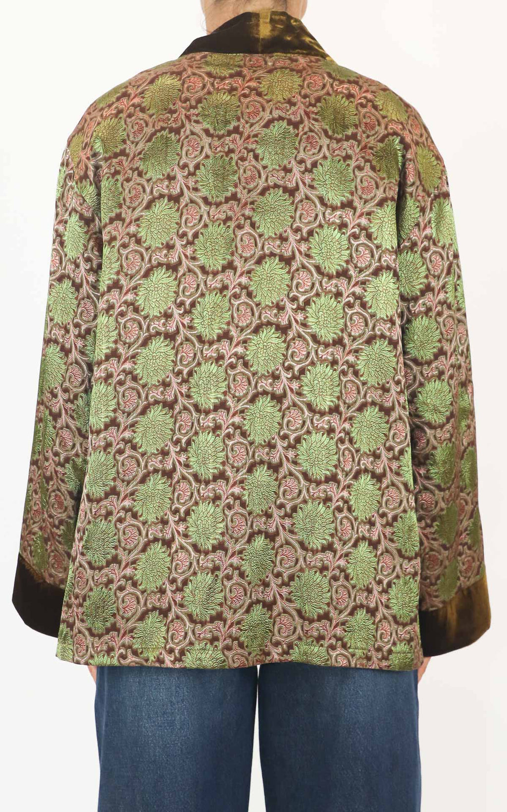 Wu'Side - Kimono corto damascato bordo velluto - Tabacco / verde
