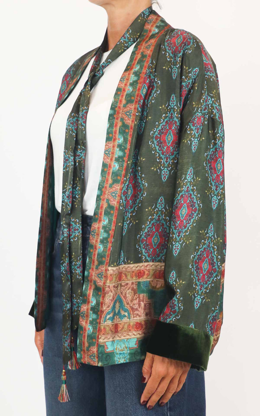 Wu'Side - Kimono corto fantasia in viscosa con cintura - Verde