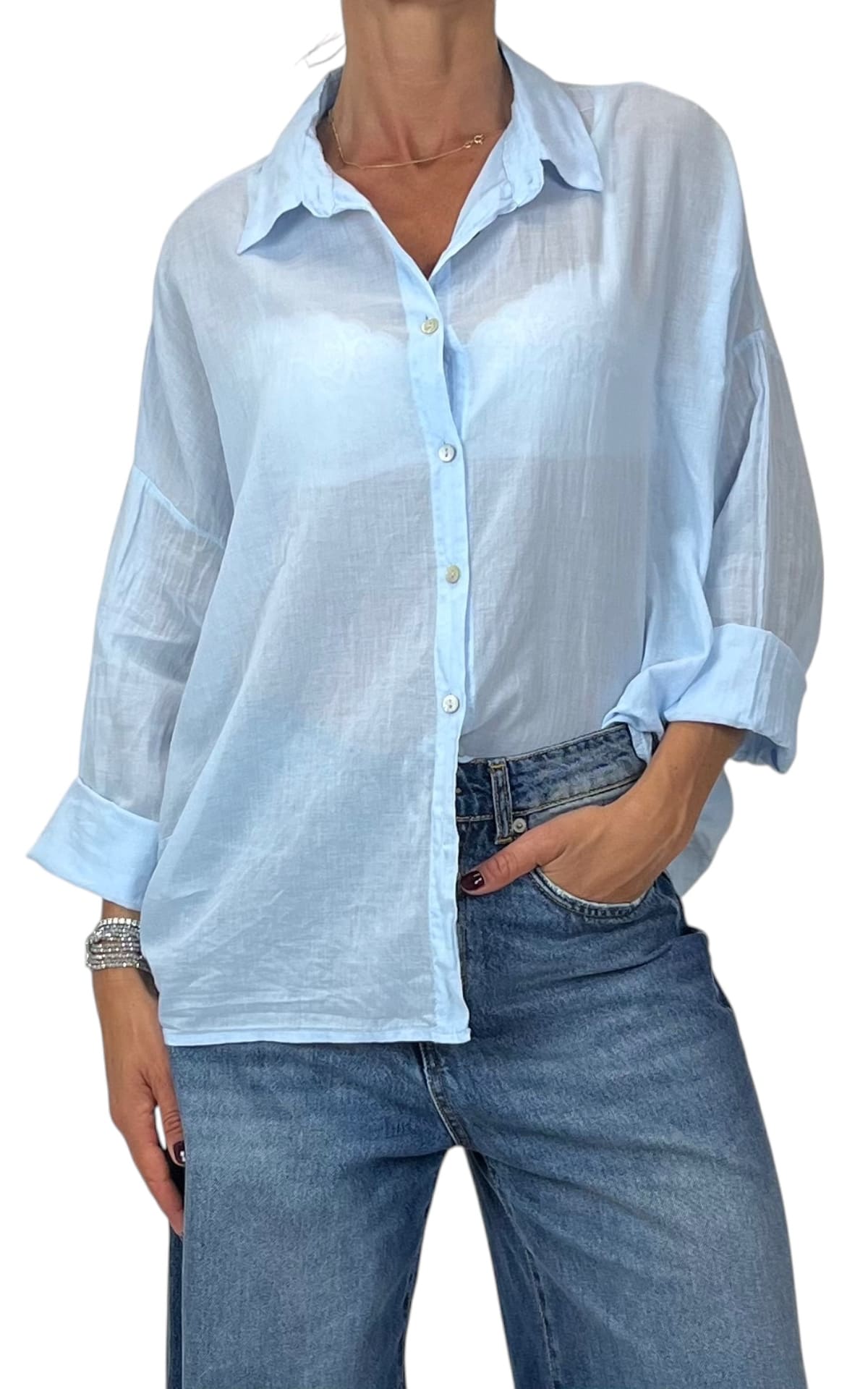 Susymix - Camicia in mussola con nodo - Celeste