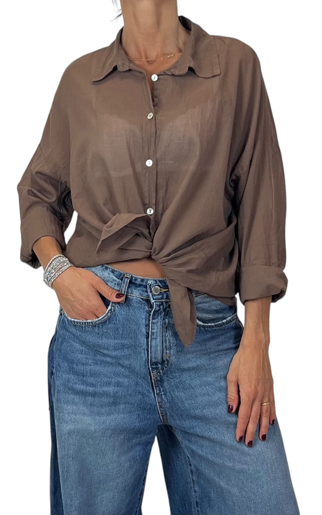 OFF-ON - Camicia in mussola tinta unita - Moro