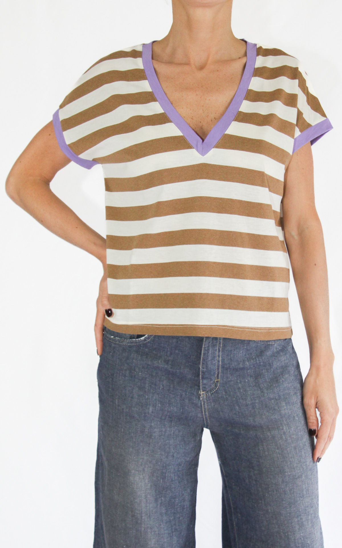 (image for) SusyMix – t-shirt righe scollo V – camel