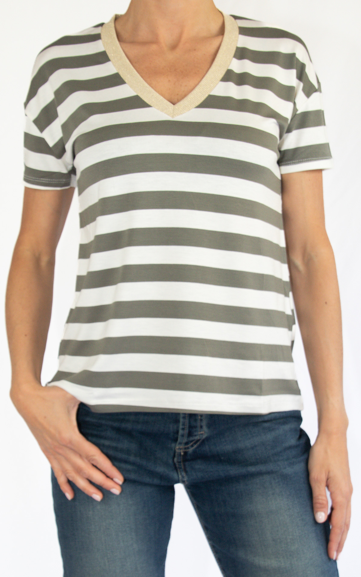 (image for) SusyMix – t-shirt a righe con scollo lurex – verde militare
